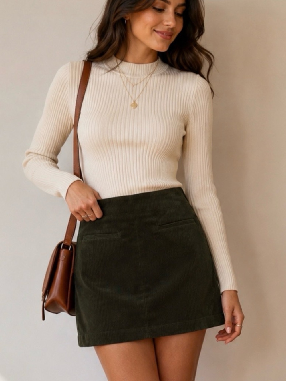 Zara NWT Dark Green Corduroy Mini Skirt Size L Lined Side Zip Fal - Picture 2 of 10